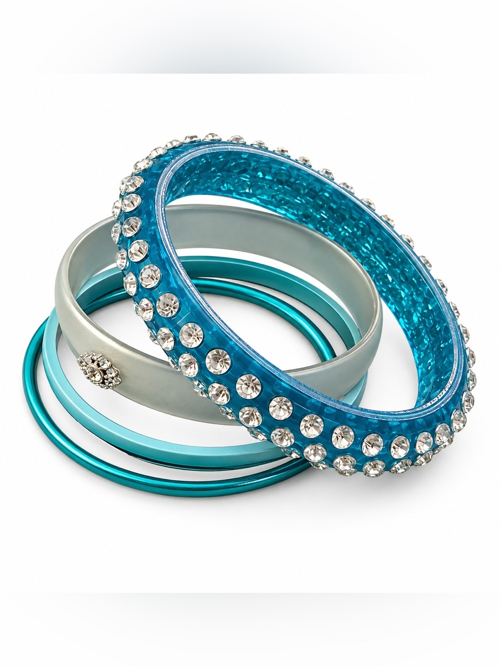 Fashion Bangle Bracelet Set – Aqua Blue & Silver Rhinestone Stack